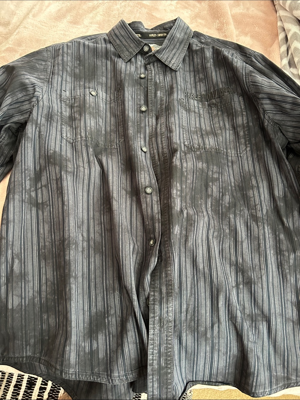 Harley-Davidson Men’s Gray and Black Striped Button-Down Shirt